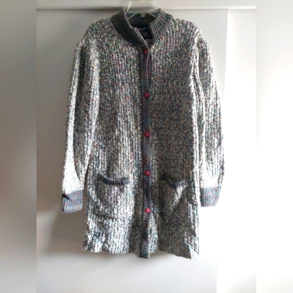 Vintage Retro 90s Y2K Knit Button front Long Cardigan sweater Gray Pink